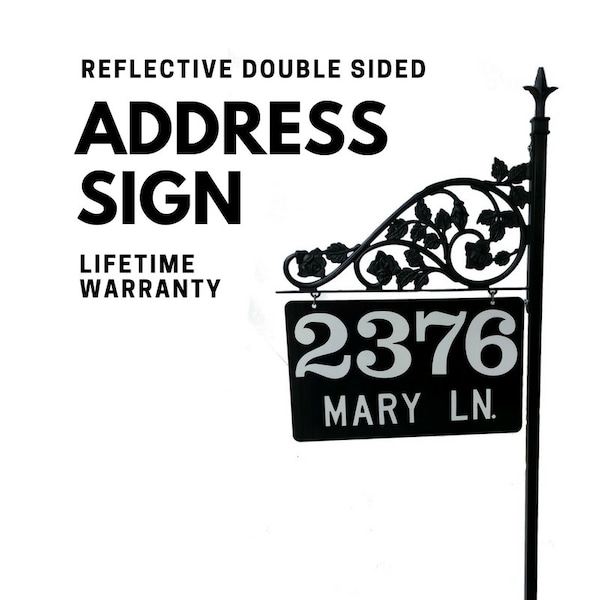 Reflective Address Sign - Driveway Marker Personalized for Yard for 911 and others to find you | Steel 60" Pole & Scroll with Finial Top