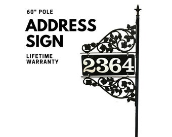 Driveway Marker Address Sign - Reflective Address Sign for 911 and others to find you | Steel 60" Pole & Double Scroll and Finial