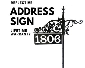 Address Sign with Planter - Double Sided Reflective Metal for Yard 48" or 60" Pole | Rose Scroll Design & Finial Topper