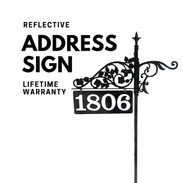 Address Sign with Planter - Double Sided Reflective Metal for Yard 48" or 60" Pole | Rose Scroll Design & Finial Topper