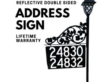 Reflective Metal Address Sign - Mothers Day Gift for Yard so 911 and others to find you | Steel 60" Pole & Scroll with Solar Light