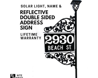 Personalized House Numbers - Gift for Him Address Sign with Solar Light Double Sided Reflective Marker 60" steel pole & double scroll