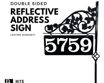 House Number Yard Sign - Double Sided Address  Reflective Metal | Comes with a  32" Pole & Scroll with Finial Top