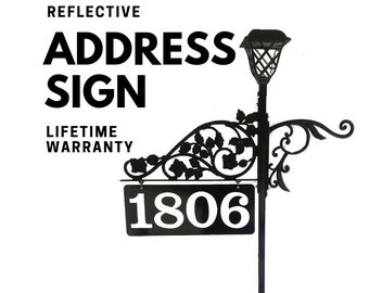 Reflective House Numbers -  Double Sided Solar Light Driveway Marker with 48" or 60" Pole Includes Metal Sign | Rose Scroll Design