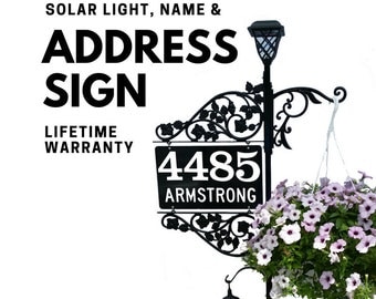 Reflective Address Sign - Mothers Day Gift for her Double Sided Marker with 60" pole, 2 plant hooks with Solar Light