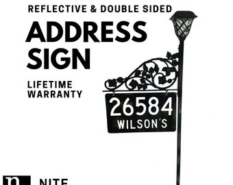 Reflective Address Sign - Mothers Day Gift Personalized for Yard for 911 and others to find you | Steel 60" Pole & Scroll with Solar Light