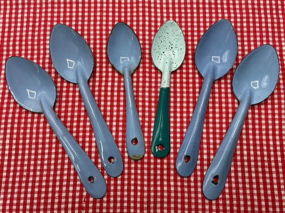 Vintage Blue and Green Enamelware Spoons, Enamel, Speckled, Cabin Decor