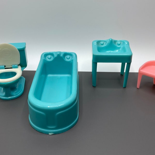 Plasco Dollhouse Bathroom, Aqua Colored Bathtub Sink and Toilet, Pink Stool, Original 1950’s Vintage Miniatures, Turquoise Tub