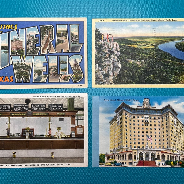 4 Vintage Postcards from Mineral Wells, Texas, 1920’s-40’s, 1 cent Stamps, Original Antiques