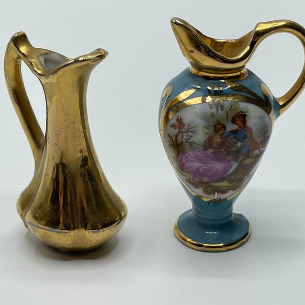 Two Miniature Pitchers, Dollhouse Vases, Vintage Ceramic, Gold, Light Blue, Limoges, Courting Couple