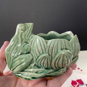 May include: A sage green ceramic planter shaped like a frog sitting beside a blooming lotus flower. The piece features a glossy, crackled glaze finish with molded details of the frog's body and the layered petals of the flower, resting on small feet.