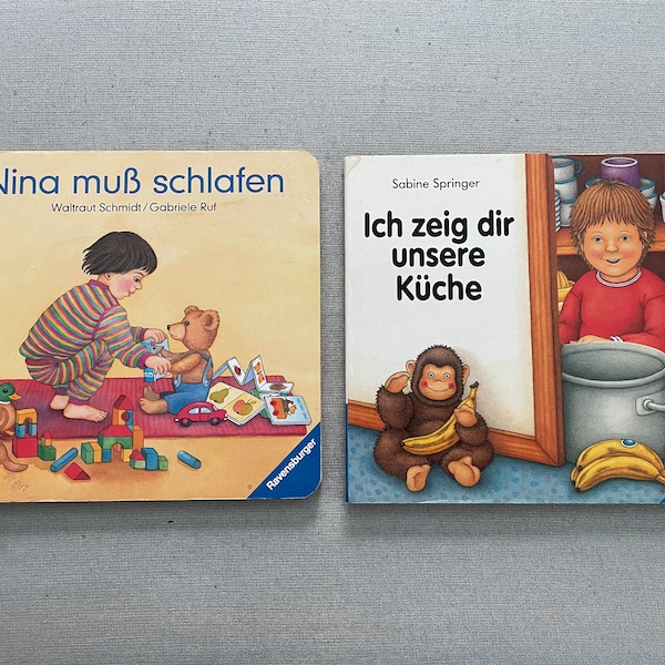 2 German Board Books for Children, Ravensburger, Nina muß schlafen, Ich zeig dir unsere Küche, Vintage 1990’s