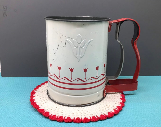 Androck Handisift Jr. Flour Sifter, Vintage Kitchen, Red Handle, White With Red Tulips, Made