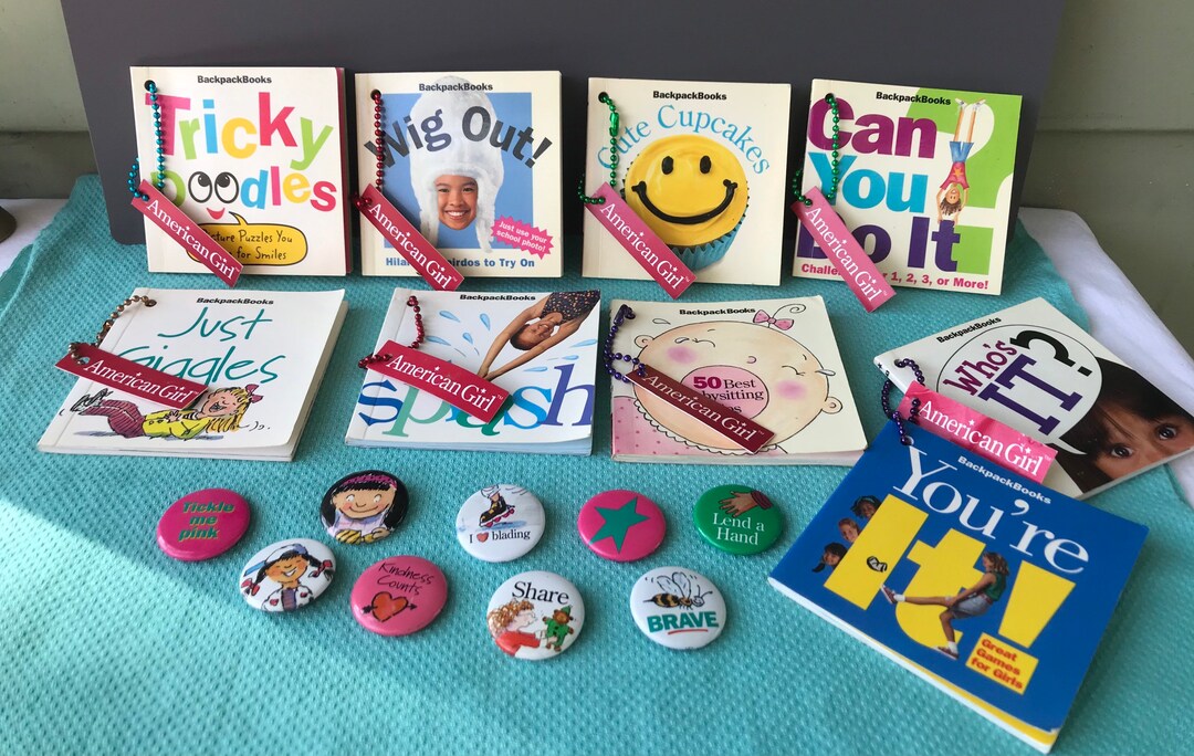 Lot of 9 American Girl Backpack Books and 9 Grin Pins, Pleasant Company