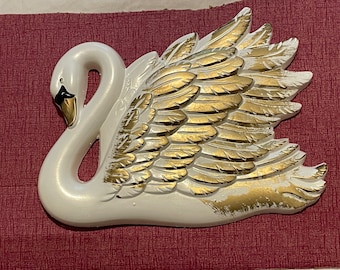 Pair of Swan Wall Hangings, Vintage Chalkware, Miller Studio, 1968, Mid Century