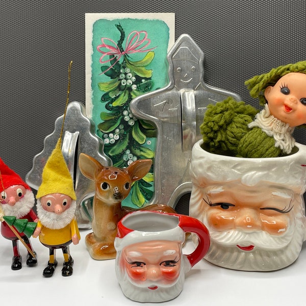 Vintage Christmas Grab Bag, Santa Mugs, Deer, Unique Yarn Doll Ornament, Hallmark, Aluminum Cookie Cutters