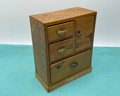 Japanese Marquetry Trinket Box, Miniature Chest, Dollhouse Dresser or Wardrobe Closet, Wood Art, Hakone Japan, Vintage 1950 s, Inlaid Wood