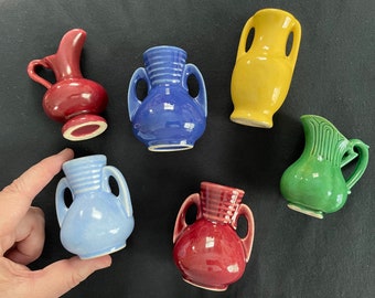 Miniature Vases and Pitchers, Set of Six, Vintage Pottery, Shawnee, Blue, Burgundy, Yellow, Green, Handles, Cute!