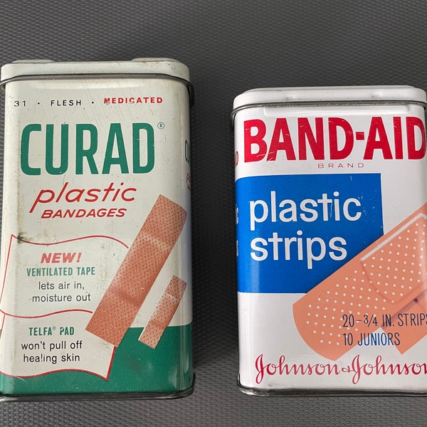 Vintage Bandage Tins, Band-Aid and Curad, Mid Century, Metal, Hinged Lid