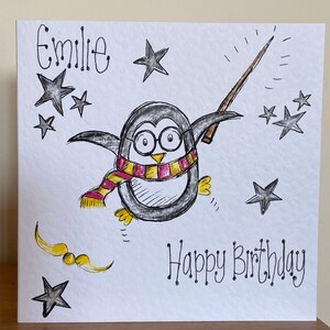 Hand illustrated hand drawn potter penguin. Can be personalised