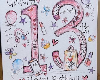 May include: A pink and white birthday card with the number 13 in large pink numbers. The card is decorated with hearts, stars, butterflies, and other girly designs. The text "Gracie 13th" and "Happy Birthday" is written on the card.