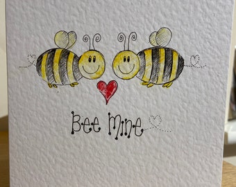 Hand drawn bumble bee valentines card. love card. Bee mine