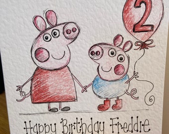 Hand illustrated pig birthday card. Can be personalised