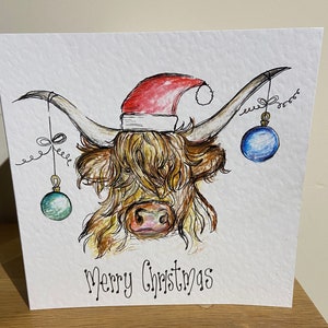 Hand illustrated Christmas card highland cow, can be personalised.