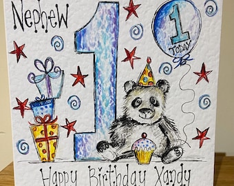 Hand illustrated Personalised panda birthday card. Panda and presents . Original artwork