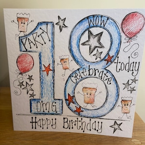 Biglietto di auguri per il 18° compleanno di un ragazzo disegnato a mano. Può essere personalizzato