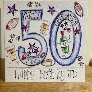 Tarjeta de cumpleaños de 50 años ilustrada a mano. Obras de arte originales. Se puede personalizar