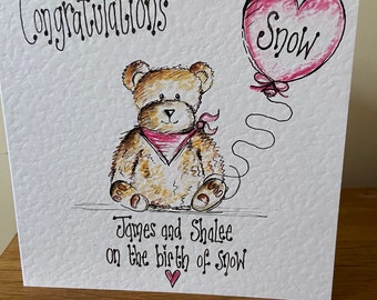 Hand illustrated individually drawn pink teddy baby girl card. Can be personalised