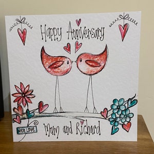 Verjaardagskaart dwergpapegaaien, individueel met de hand getekend en gepersonaliseerd op bestelling.