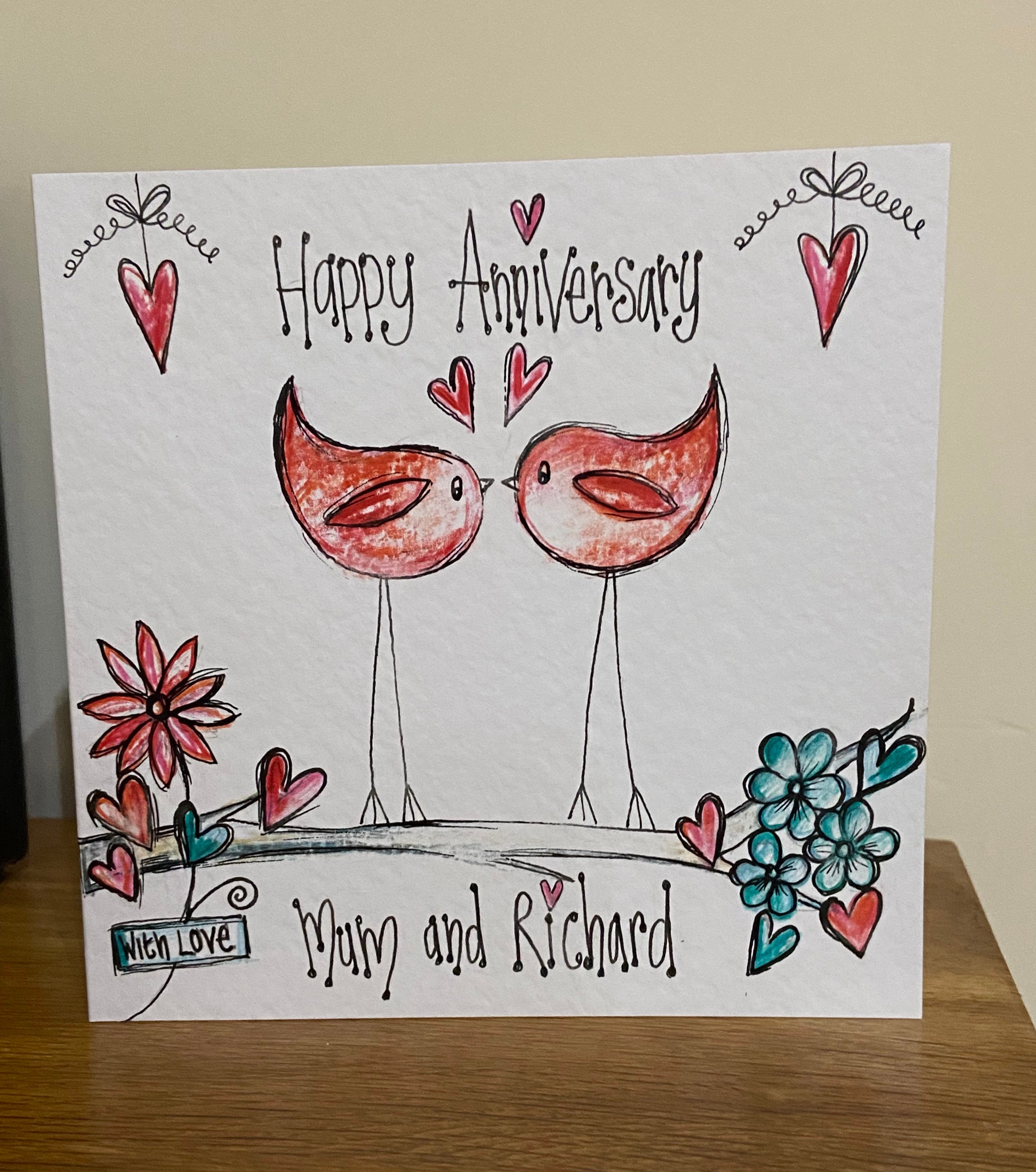Love Bird Anniversary Card Individually Hand Drawn and Personalised to ...