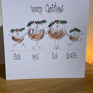Cartão de família de pudim de Natal desenhado à mão para encomendar. Pode ser personalizado