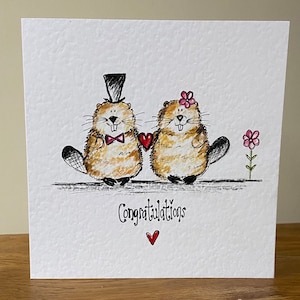 Jolie carte de mariage félicitations castor dessinée à la main sur commande. Peut être personnalisé
