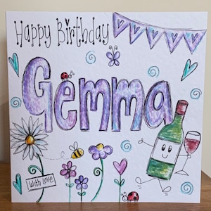 Carte d'anniversaire prénom dessinée et illustrée à la main. Oeuvre d'art originale.