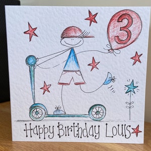 Tarjeta de cumpleaños del niño scooter. Dibujado a mano individualmente. Se puede personalizar