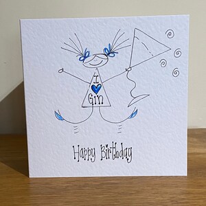Disegnato a mano. Biglietto di compleanno illustrato a mano. Adoro il Gin. Personalizzabile