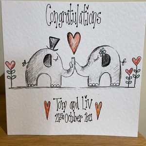 Hand illustrierte und personalisierte Elefant Hochzeitskarte. Originale Zeichnung