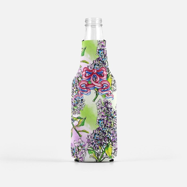 Bottle Wrap Cooler Zipper Long Necks beer Lilac Bush purple blue green bachelorette party favor wedding shower drink hugger insulator