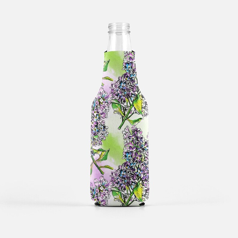 Bottle Wrap Cooler Zipper Long Necks beer Lilac Bush purple blue green bachelorette party favor wedding shower drink hugger insulator