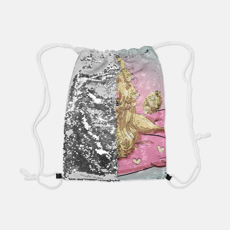 Silver Sequin Reversible Drawstring Backpack Suzette Very Diva Poodle Pink French Poodles dog dogs Sequins Draw String School Party
