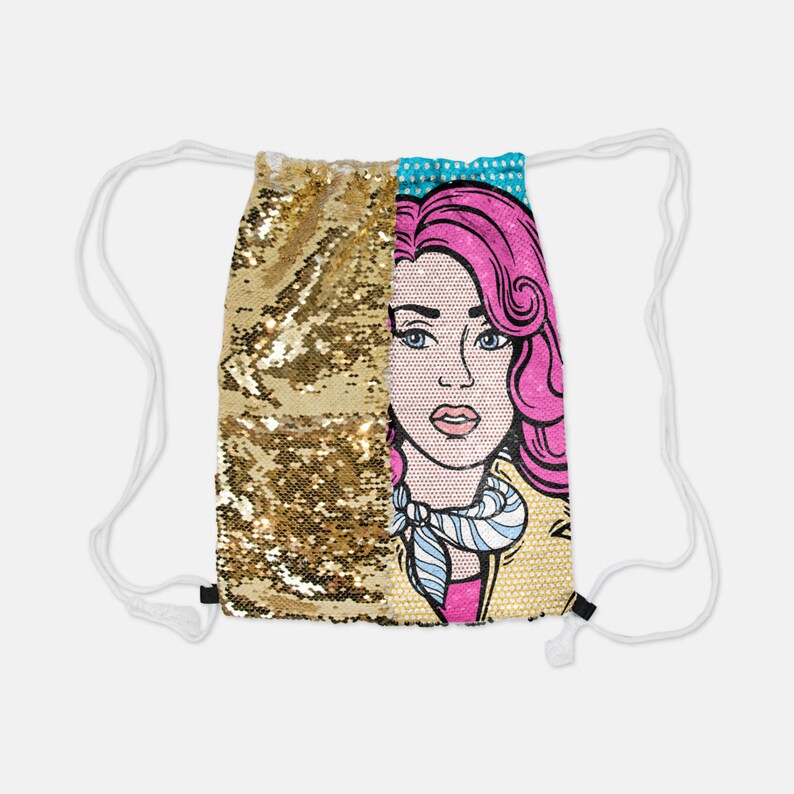 Silver Sequin Reversible Drawstring Backpack Suzette Very Diva Poodle Pink French Poodles dog dogs Sequins Draw String School Party