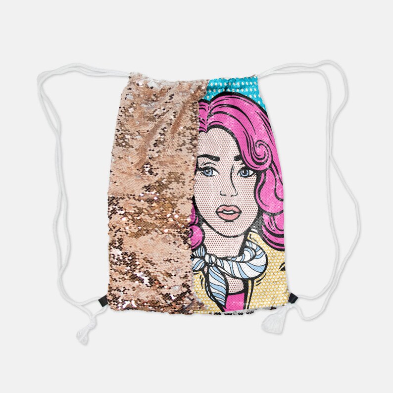 Silver Sequin Reversible Drawstring Backpack Suzette Very Diva Poodle Pink French Poodles dog dogs Sequins Draw String School Party