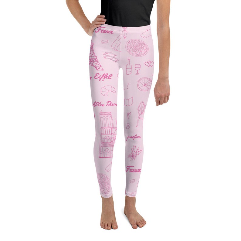 Youth Kids 8-20 Teen Leggings Tights Paris Leotard Pants Pink Eiffel Tower Notre Dame Artists Back to School First day