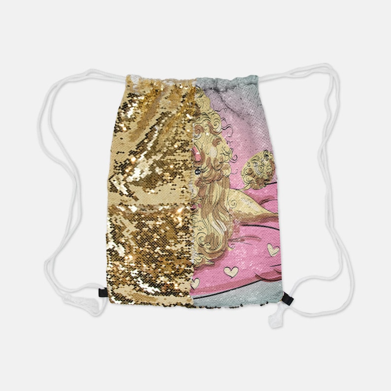 Silver Sequin Reversible Drawstring Backpack Suzette Very Diva Poodle Pink French Poodles dog dogs Sequins Draw String School Party