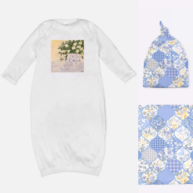 Original Art 2 Pc Baby Baby/'s Newborn Layette Set Sunrise Blooms Christening Baptism Christmas gifts gift Gown Knotted Beanie