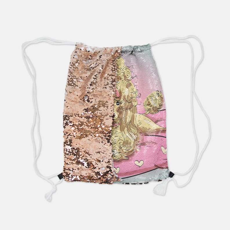 Silver Sequin Reversible Drawstring Backpack Suzette Very Diva Poodle Pink French Poodles dog dogs Sequins Draw String School Party