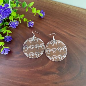 Clear Acrylic Mushroom Earrings | Laser Engraved Round Earrings | Cottagecore Dangle Jewelry | Lightweight Boho Earrings | Handmade Gift
